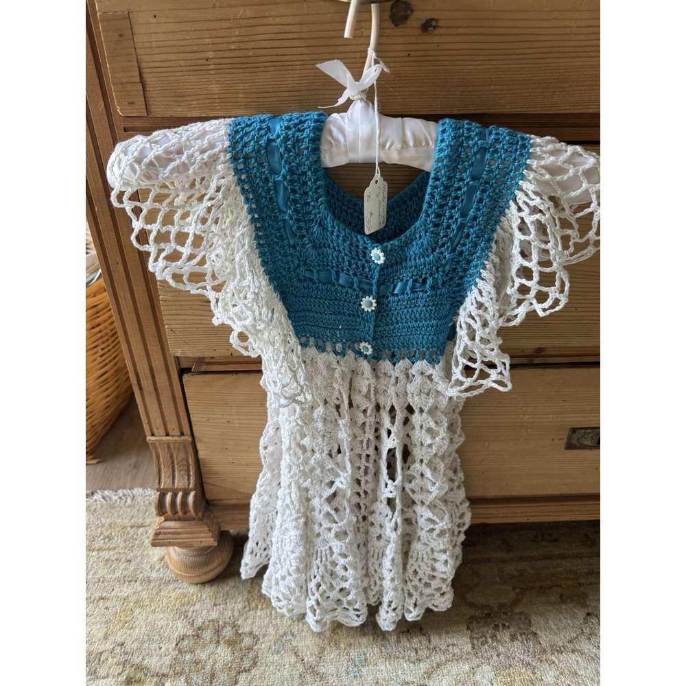 VTG  Handmade Teal & White Girl's Dress Sz 4/5 - Picture 4 of 7
